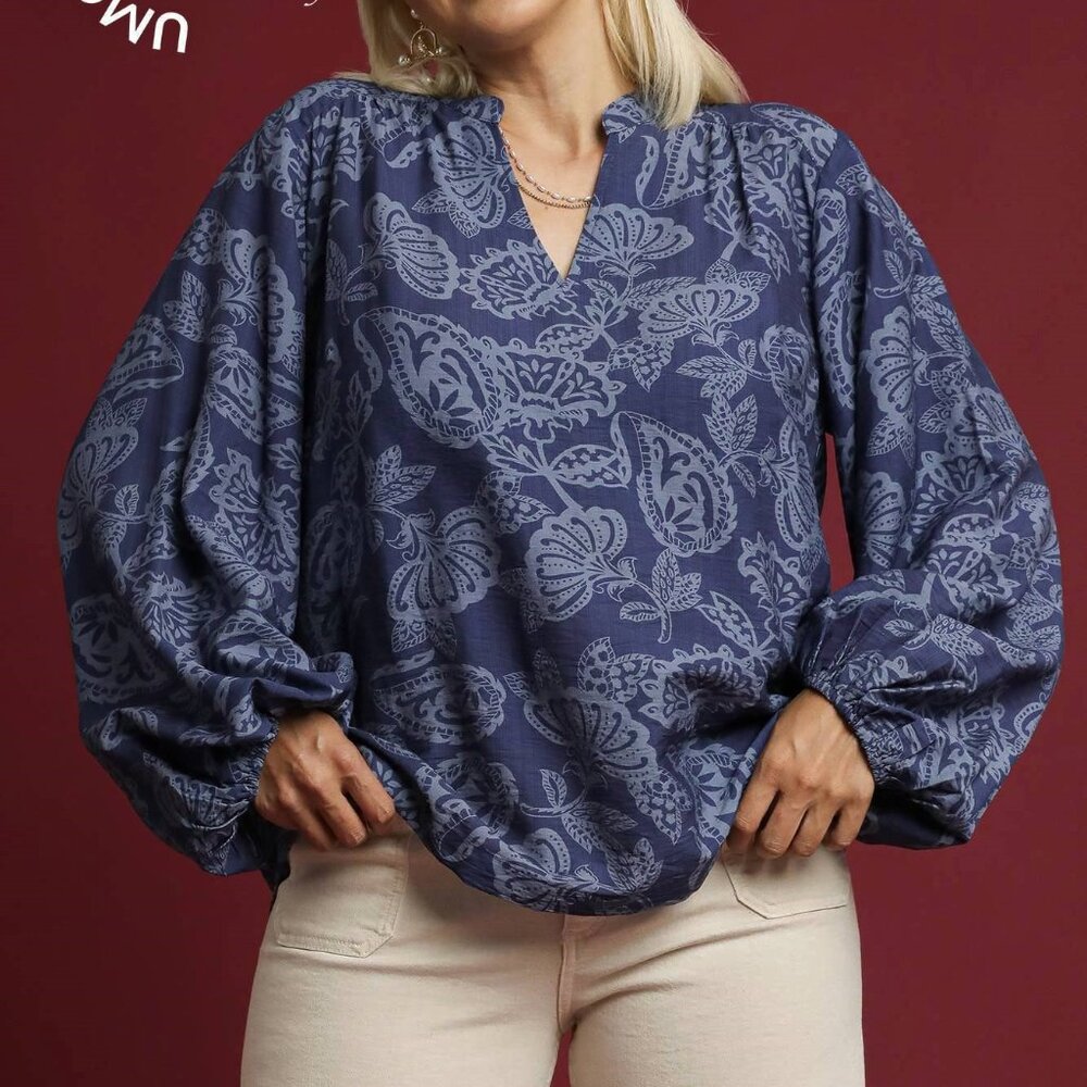 UMGEE Two Tone Abstract Print Blouse (New) - Navy